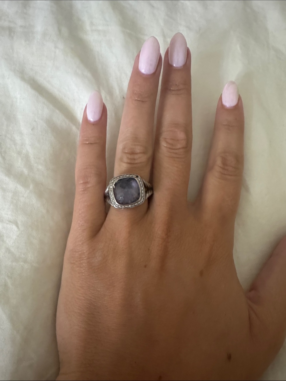 David Yurman Silver Ring with Lavender Cushion Gem and Pavé Accents